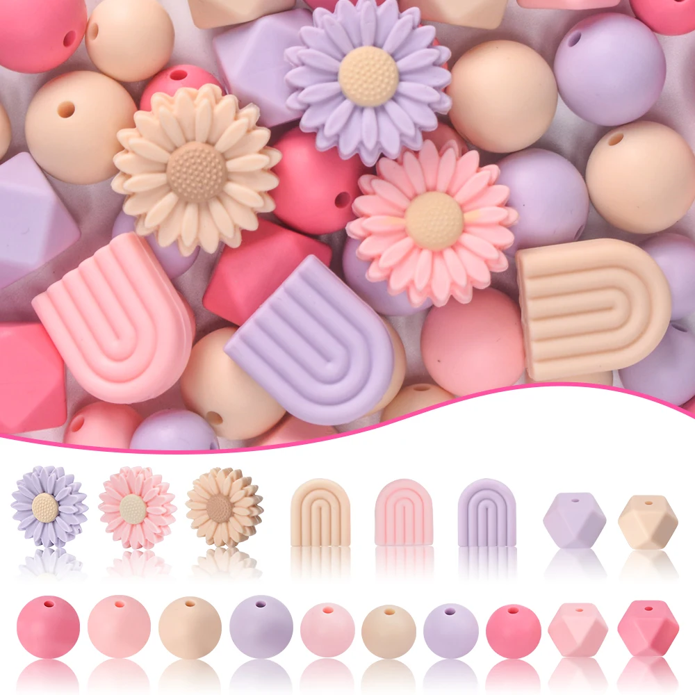 

LOFCA 50 шт. мягкие силиконовые цветочные круглые бусины для прорезывания зубов, смешанный набор для DIY браслета, ожерелья, ювелирных изделий, аксессуары для рукоделия, оптовая продажа
