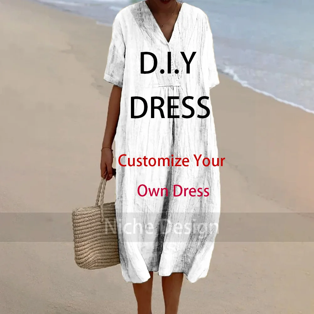 

Custom Casual Women's Dress Loose V-Neck Long Dress Beach Party Dress Designer New Traf Girl Clothes