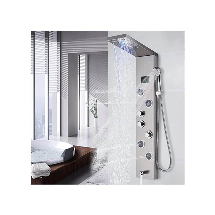 

Digital Screen Brushed Nickel Shower Panel Wall Mount LED Light Shower Set Massage Jet Shower Column Tower