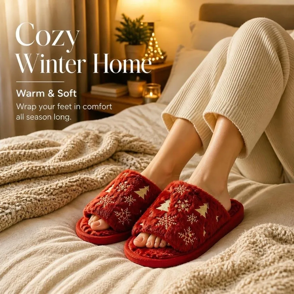 Open-Toe Christmas Tree Slippers Embroidered Snowflake Xmas Tree Furry Slippers Plus Velvet One-Step Women Home Slippers - view 6