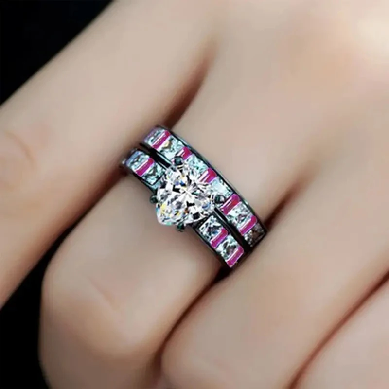 Huitan Punk Black 2Pcs Set Rings Women White/Rose Red Cubic Zirconia Luxury Accessories Y2K Girls Love Rings Personality Jewelry