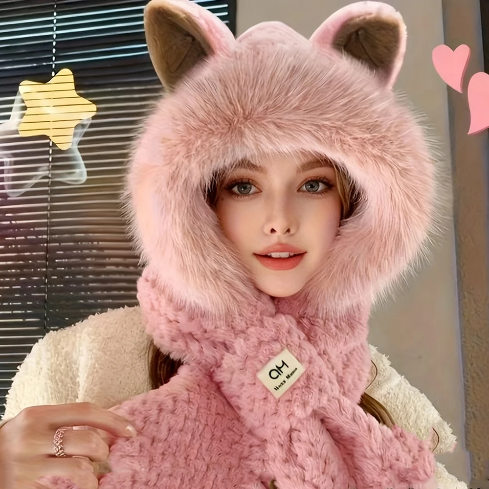 Nette Katze Ohr Hut Schal Frauen Mädchen Plüsch Winter Schal Kappe Set Dicke Warme Faux Pelz Hut Schals Hals Wärmer Outdoor Winddicht Acc