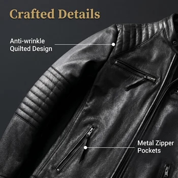 Genuine Cowhide Leather Biker Jacket Men's Slim Fit Short Motorcycle Coat Embroidery 4