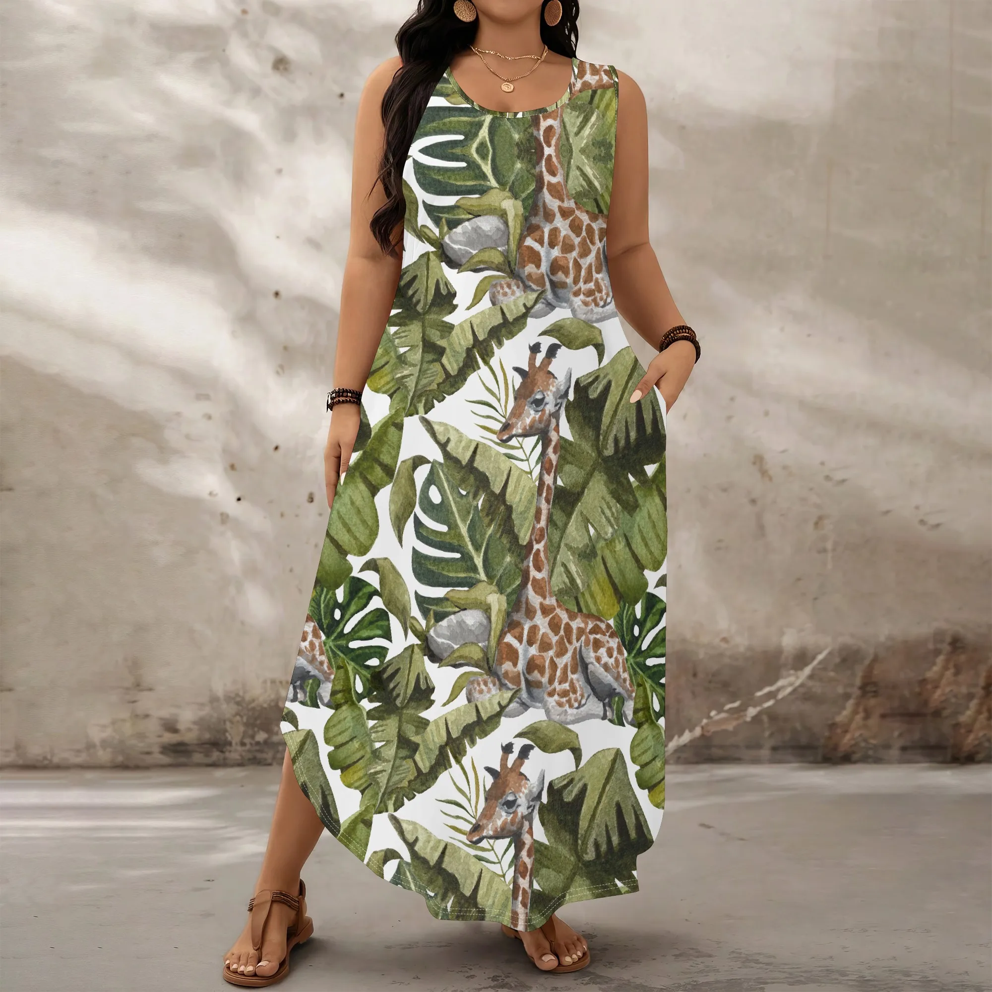 Women's Plus Size Sleeveless Maxi Dress, Tropical Giraffe & Leaf Print Casual Summer Dress with Pockets, XL-6XL