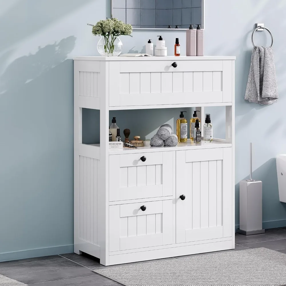 

Bathroom Cabinet, Modern Bathroom Floor Storage Cabinet Organizer with 3 Drawers and Adjustable Shelves, Home Furniture for Mult