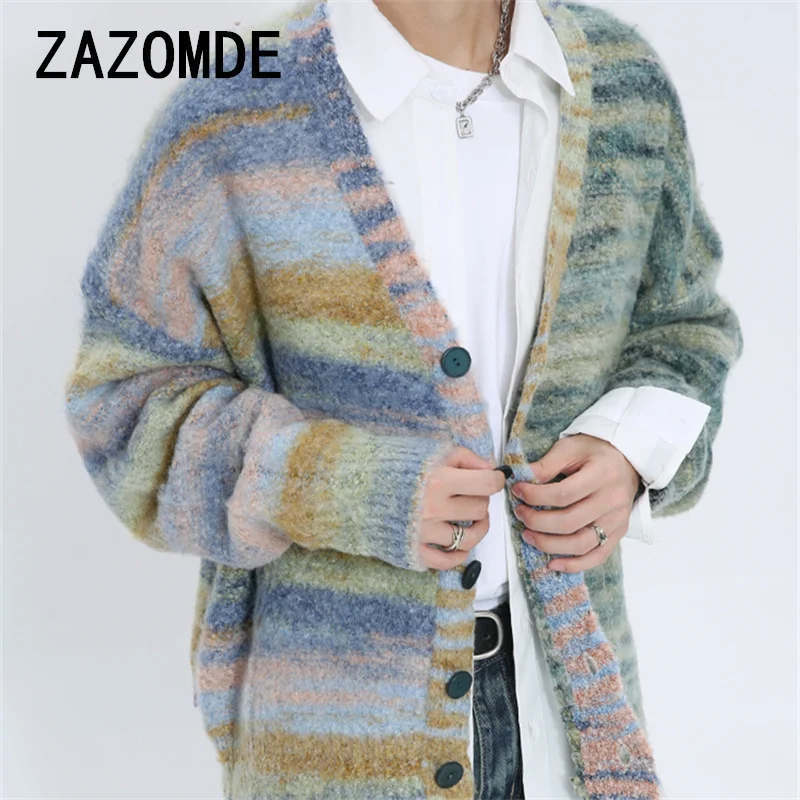 ZAZOMDE Man Casual Gradient Knit Cardigan Sweater V-Neck Elasticity In Gradient Pastel Colors Knitwear Cardigan Clothing Coat