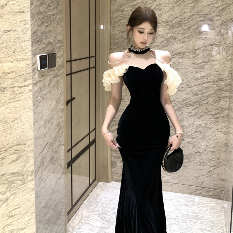 

Осеннее французское элегантное длинное вечернее платье Хепберн, женское бархатное платье с лямкой на шее и открытой спиной без бретелек, модное шикарное платье для банкета и вечеринки