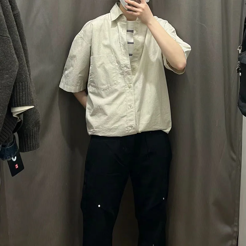 Japanese Men's Loose Solid Color Grid Texture Shirt Half Sleeves Ice Feeling Single Breasted Casual Shirt Daily Minimalist