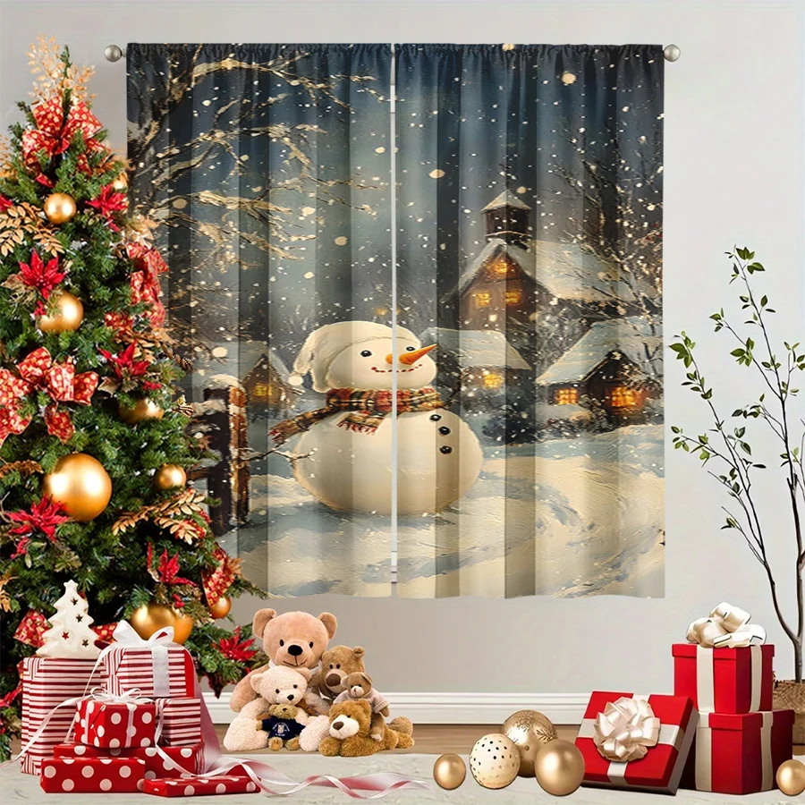 2PCS Christmas Winter Curtains, Oil Painting Snowman Scarf Cottage Night Warm, Digital Print, Bedroom Living Room, Home Decor