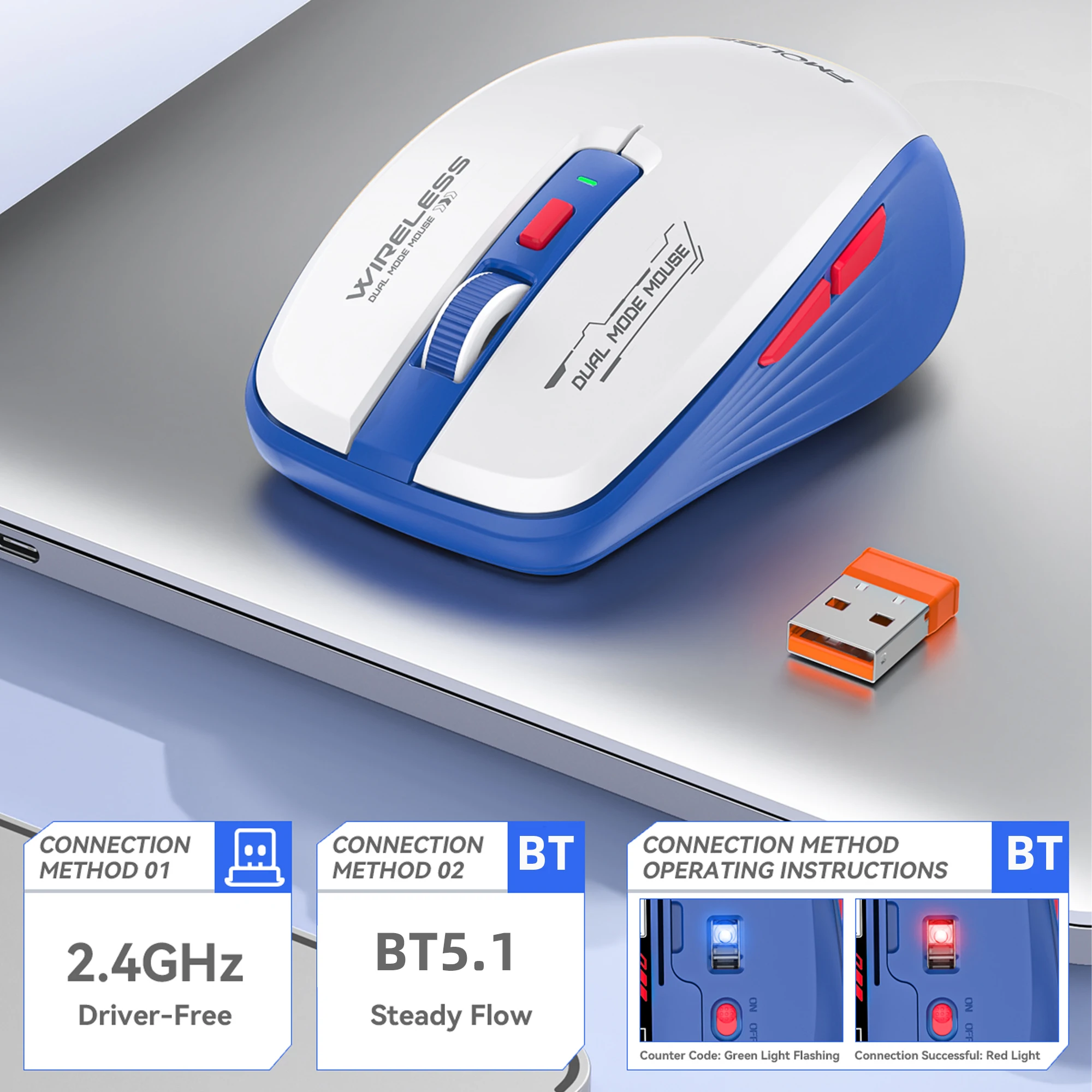 2.4G USB Wireless and Bluetooth 5.1 Mouse Silent Adjustable 2400DPI Dual Mode Wireless Mouse for Computer Laptop Tablet for iPad
