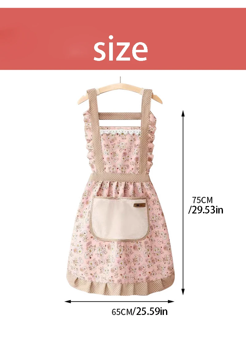 1PC Floral Princess Apron with Adjustable H-Shaped Straps & Hand Towel Pocket, Polyester Material – Ideal for Cooking, Baking