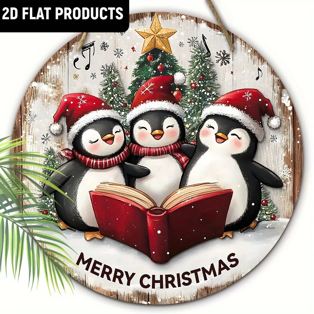 Christmas Joy 2D Printed Wooden Round Ornament Singing Penguin Christmas Tree Book Design Artistic Ring Ideal Wall Room Decor