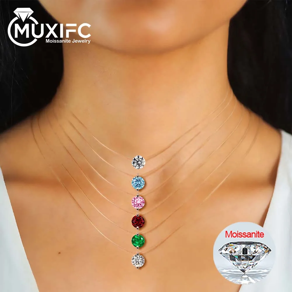 

MUXIFC Blue Miossanite Pendant Necklace Transparent Fishing Line clavicle chain GRA Certified 925 Silver Choker Chain Jewelry