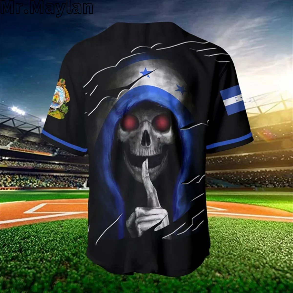 Custom Name Honduras Skull Black Blue Baseball Tee Jersey Shirt Printed 3D Summer Shirt Men's Tops Tee Oversized Streetwear