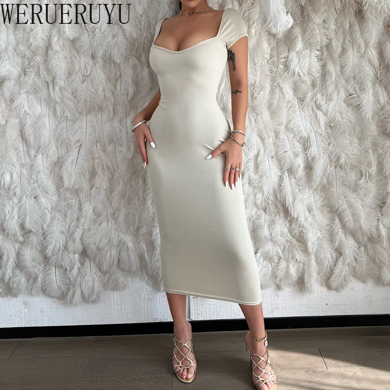 Short Sleeve Bodycon Evening Midi Dress Womans Aesthetic Clothing Sexy Elegant Fashion Summer Party Long Dresses for Women 2024