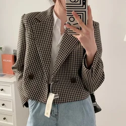 Spring Autumn Vintage Plaid Crop Blazer Top Chic Elegant Office Clothing Lady Streetwear Suit Jacket Women Double Breasted Coats