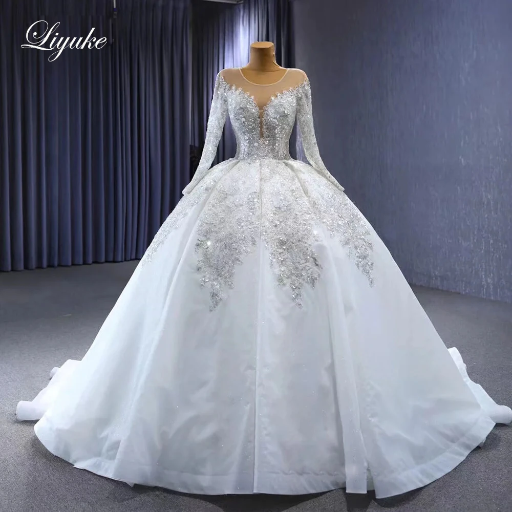 Liyuke Luxury Bling Beaded Pearls Ball Gown Wedding Dresses Embroidery Lace Full Sleeve O-Neck Bridal Gown