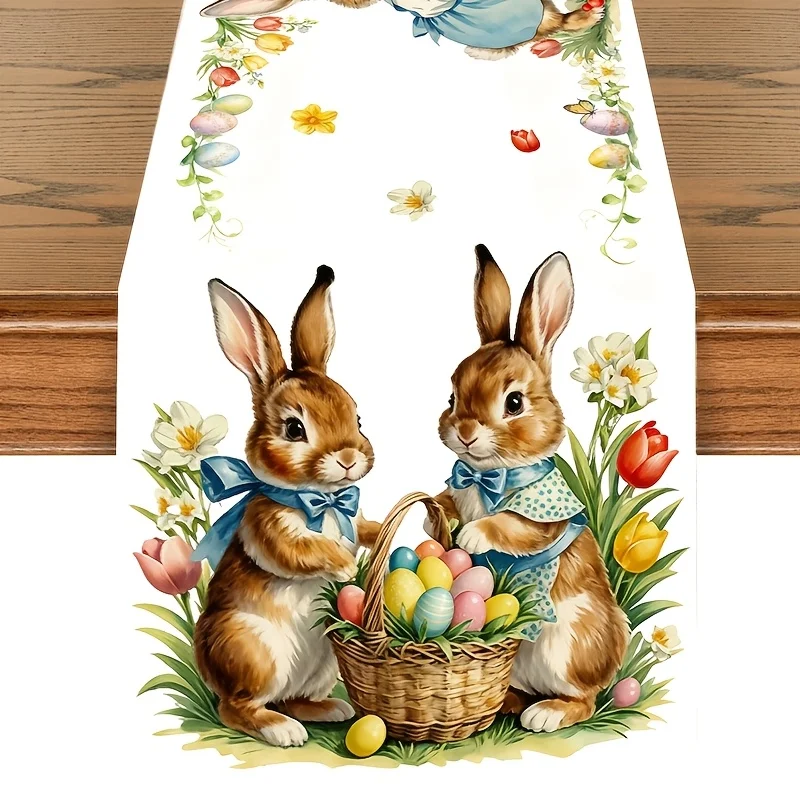 2026 Easter Table Runner, Whimsical Bunny Tulip Basket Print, Rustic Farmhouse Style Spring Decor for Dining Room Kitchen