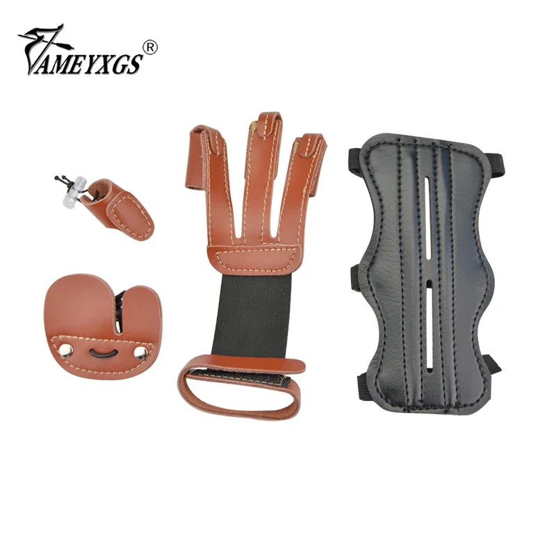 1pc Archery Glove 3 Finger Guard Leather Arm Guard Bracers Finger Tabs Thumb Ring Finger Protector Protective Gear Set Compound