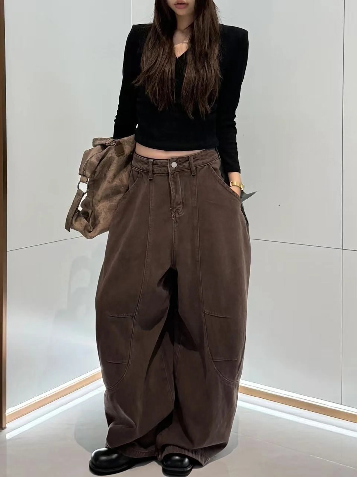 American High Street Loose Knife  Denim Jeans Women's Autumn New Design Sensation Drape Slimming Wide Leg Floor-Length Pants