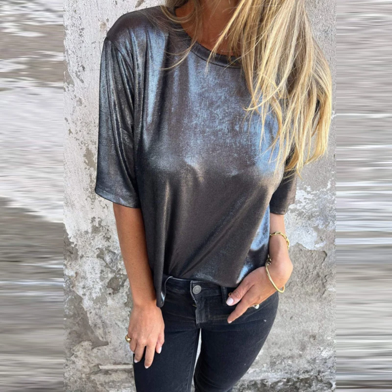 Spring And Summer Women\'s Short Sleeved Satin Shirt Loose Casual Round Neck T Shirt Simple Versatile Commuter T Shirt Tops