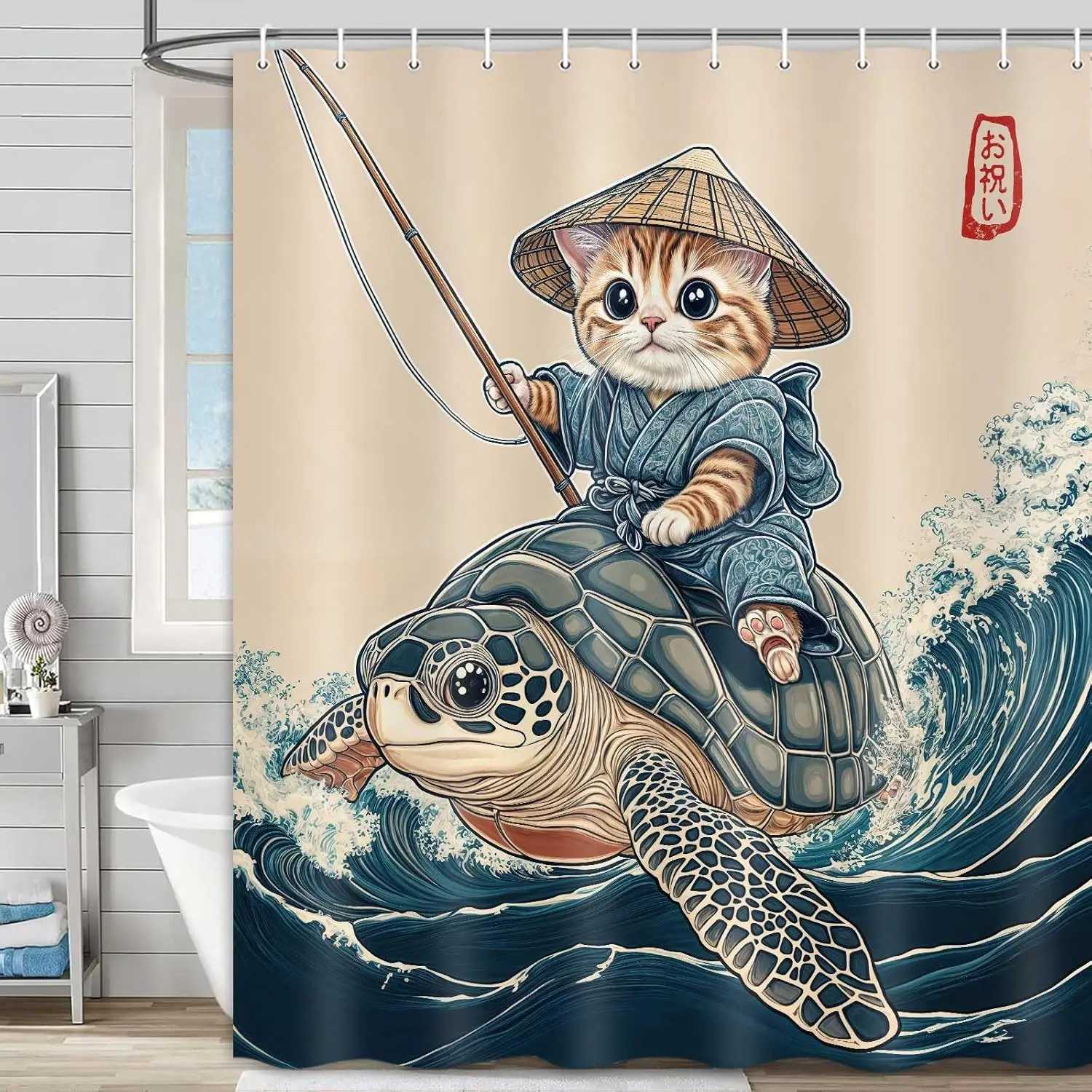 

Cute Cat Riding Turtle Shower Curtain Bathroom Decor Waterproof Fabric Unique Design for Home Accessories Art