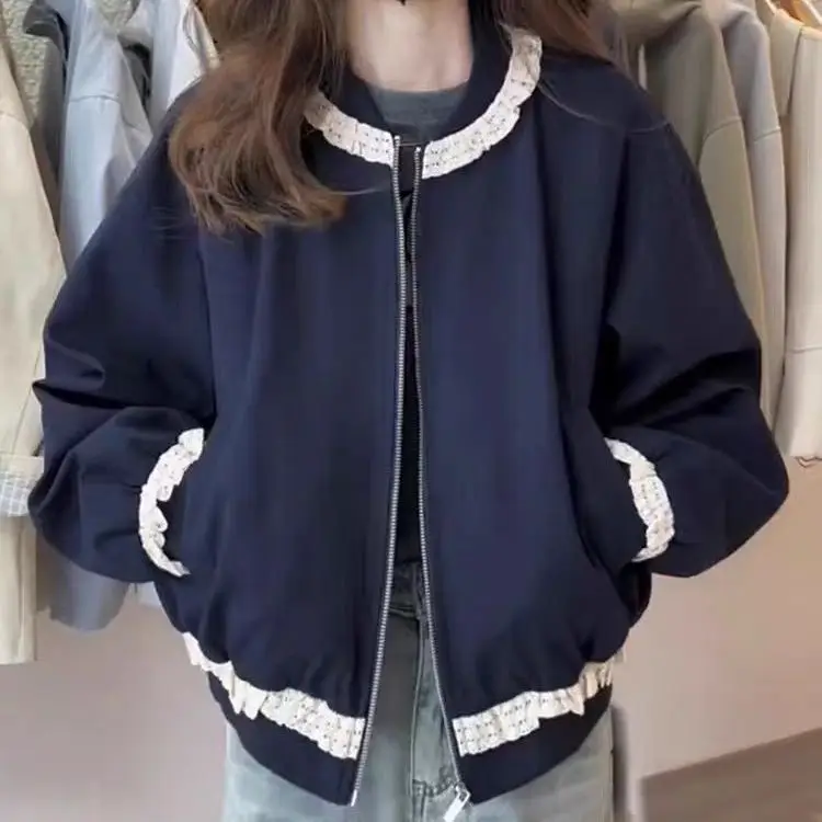 

Korean stand-up collar lace splicing short baseball jacket women's 2026 spring new niche thin jacket top