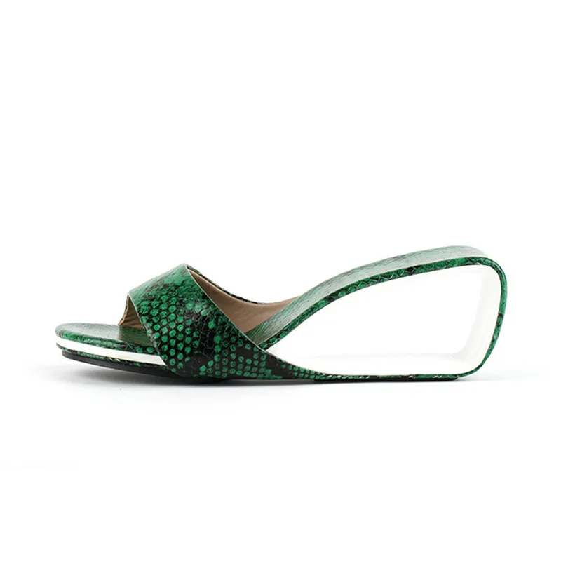 Green Snakeskin Leather Women Casual Slippers 6cm Fretwork High Heels Beach FlipFlops Size40 Gold Prom Party Slides Lady Sandals