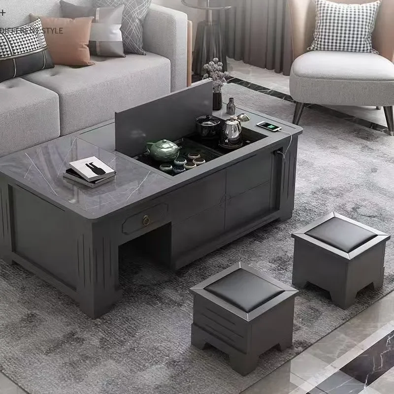 Automatic Lifting Rock Slab Kung Fu Tea Table with Integrated Kettle and Tray Solid Wood Multi-functional Household Tea Desk