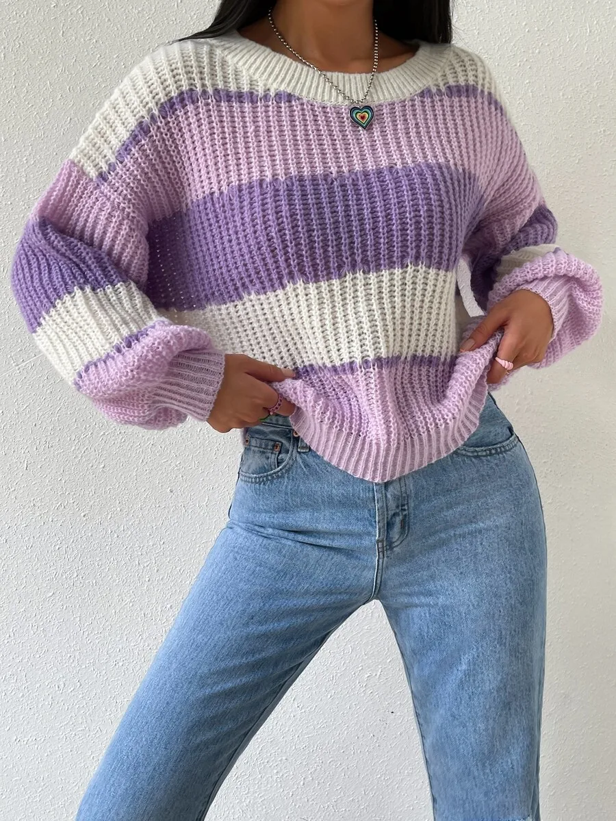 

Color Block Ribbed Knit Oversized Pullover Sweater Women Casual Long Sleeve Loose