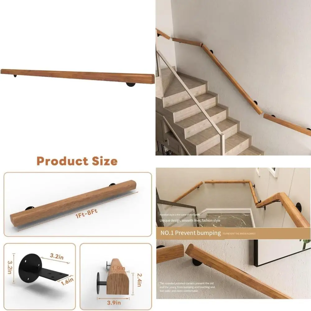 

Wall-Mounted Stair Handrail - Wooden Indoor Outdoor Handrail for Corridor, Attic, Deck Accessibility
