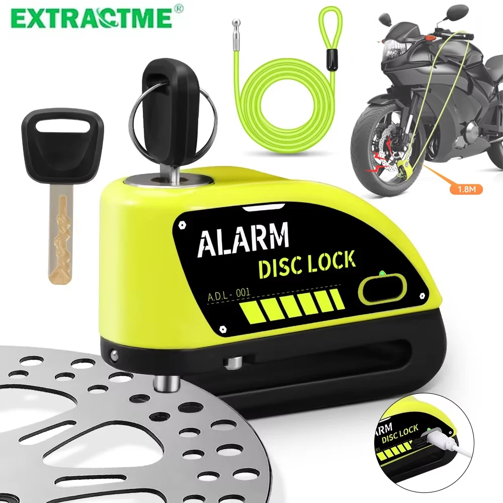 Extractme Motorcycle Lock with 110dB Alarm Bicycle Disc Brake Locks Anti-Theft Security Wheel Disc Lock Waterproof Rechargeable