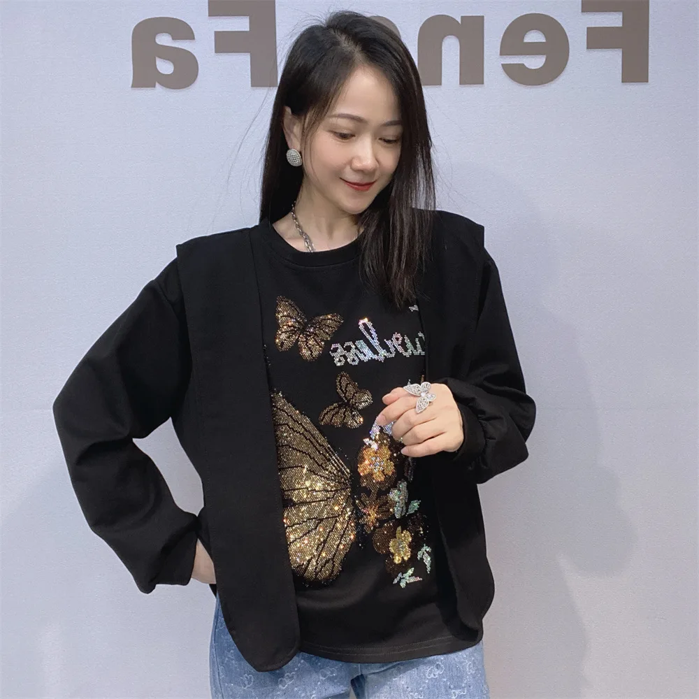 Trendy New Autumn Fashion Long Sleeve Sweatshirt Faux Two-piece Shawl Scarf Loose O-neck Pullover Top Diamonds Butterfly Hoodies