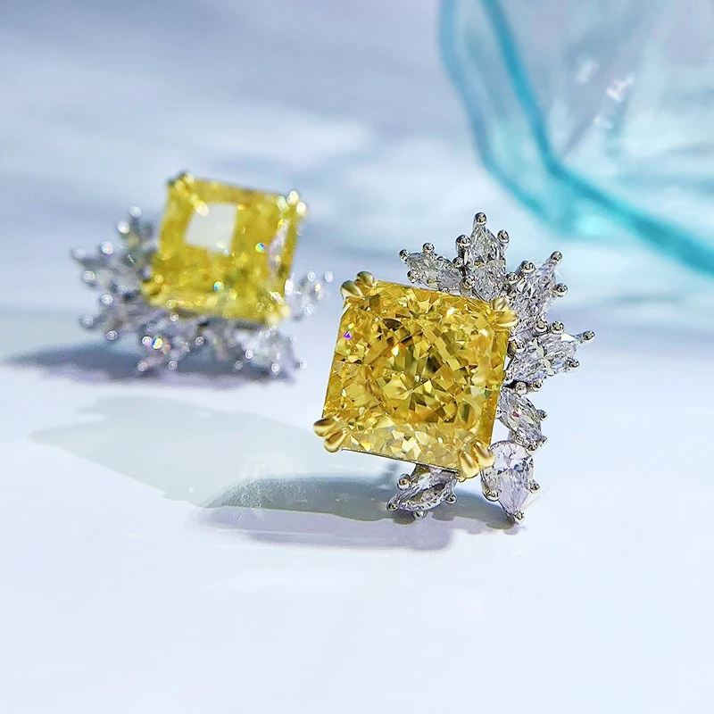 OANA 925 Silver 5 Carat Yellow Diamond Stud Earrings Burst Flash High Carbon Diamond Hypoallergenic Seiko Edition Jewelry