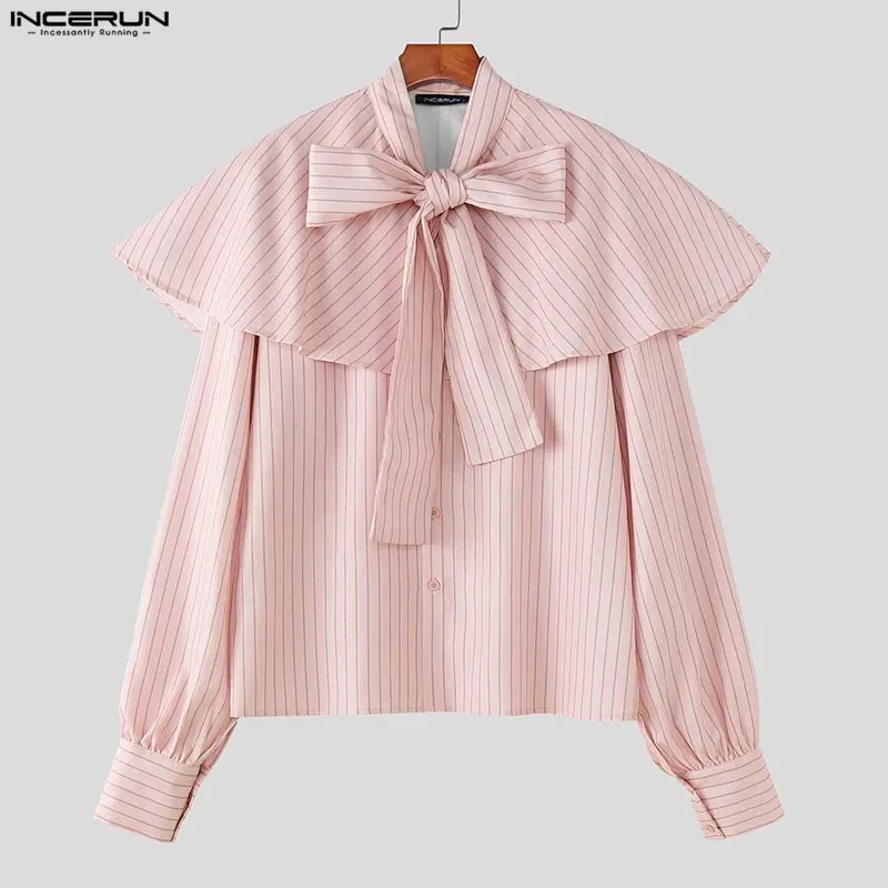 

Мужская рубашка INCERUN в полоску с оборками, с длинным рукавом, свободного кроя, повседневная, весенняя, на шнуровке, уличная одежда, модные топы 2026, мужские рубашки