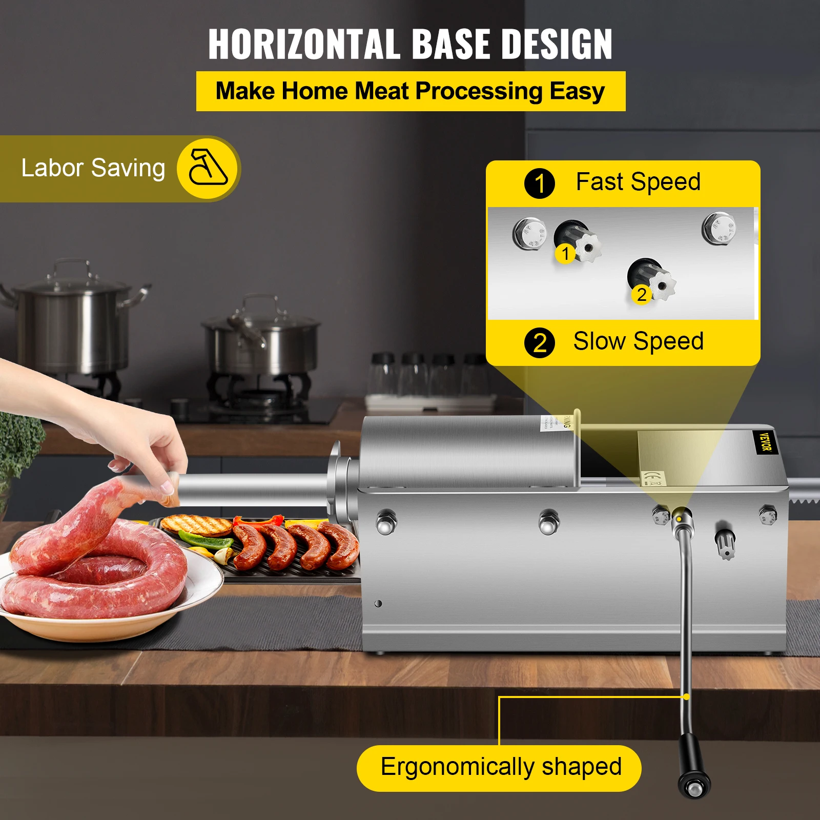 VEVOR Embutidora de Chorizos Horizontal de Acero Inoxidable 3L Llenadora Manual de Salchichas para Hacer Salchichas Chorizo Hot Dogs Bratwurst