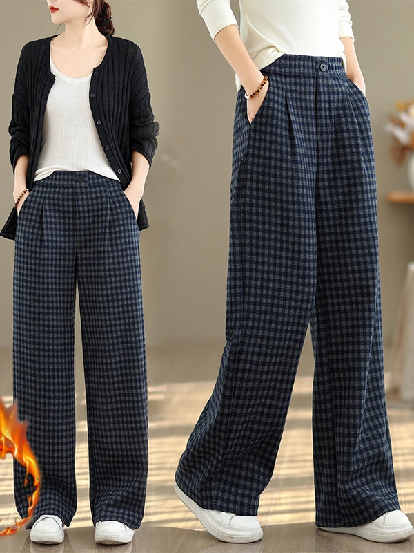 

Широкие брюки с высокой талией, клетчатые свободные повседневные брюки на подкладке, большие размеры, длинные брюки для женщин, зимний сезон