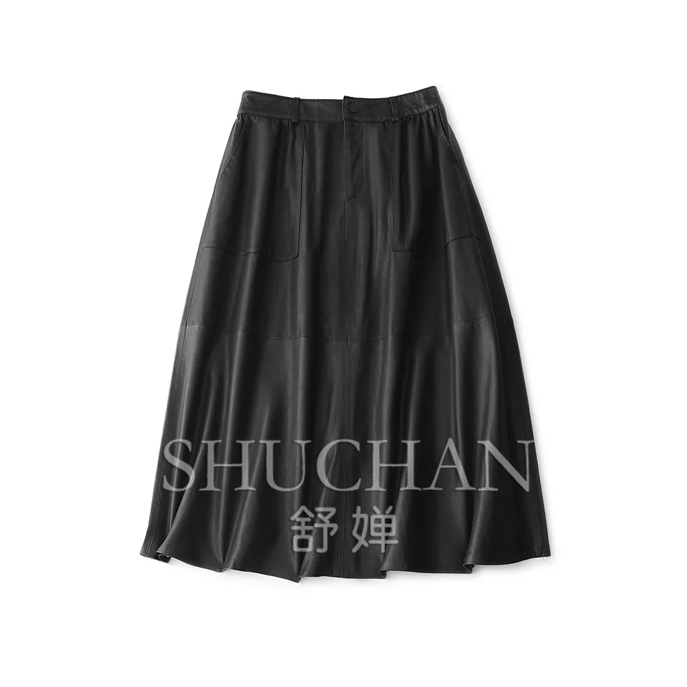 Leather Skirts Imported Sheepskin Drape A-shaped Long Skirts for Women  Korean Fashion Clothing