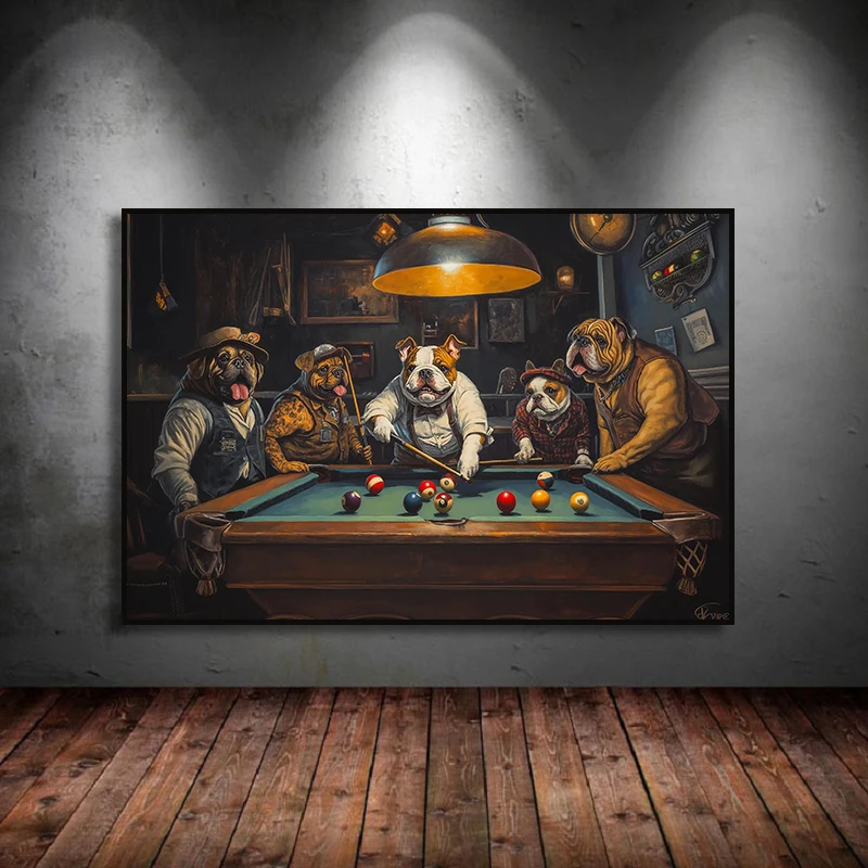 Funny Style Bulldog Dogs Playing Billiard Art Poster Canvas Painting Wall Prints Picture Room Home Decor Gift Cuadros