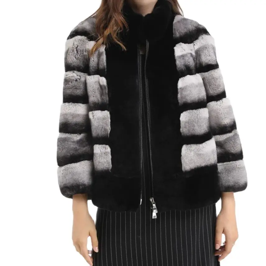 Lapel Chinchilla Coat with Zipper, Contrasting Colors, Striped, Rex Rabbit Fur, 1907002