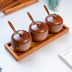 1/2/3pcs Wooden Salt Celler with Lid and Spoon Sugar Spice Pepper Seasoning Box with Wooden Tray Kitchen Food Storage Containers