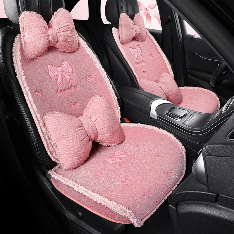 Pink Cute Car Seat Cover Women Universal Breathable Plush Bowknot Flower Seat Cushion Interior Protector Auto Accessories Pillow