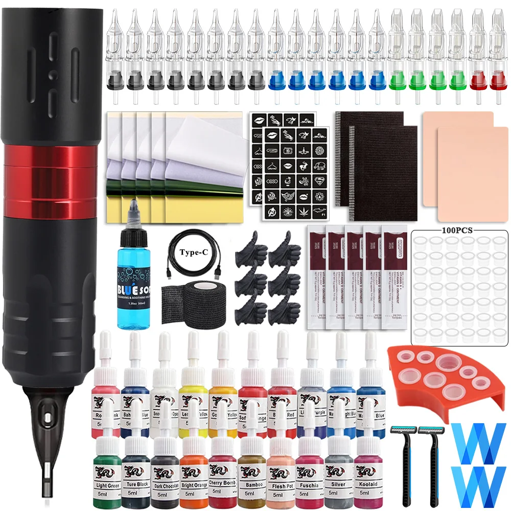 

Беспроводной набор для татуировки, полный набор ручек для татуировки с картриджем, иглы для татуировки, набор татуировок для начинающих, инструменты для перманентного макияжа