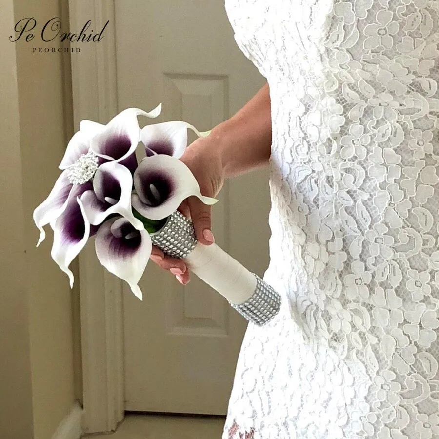 

PEORCHID Real Touch Purple Calla Lily Bridesmaid Bouquet Small Simple Plum Flower Girl Brooch Bouquet Grooms Boutonniere