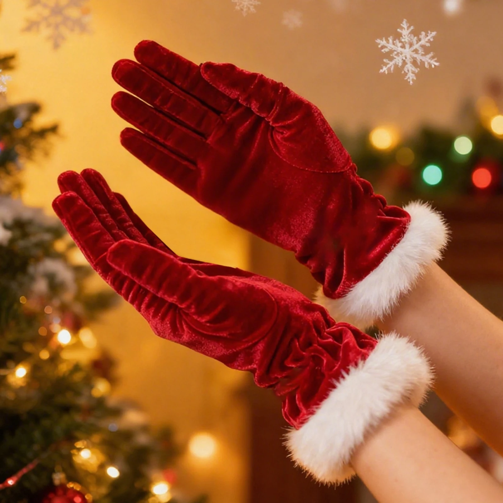Women Christmas Gloves Soft Patchwork Velvet Gloves Winter Warm Holiday Party Gloves