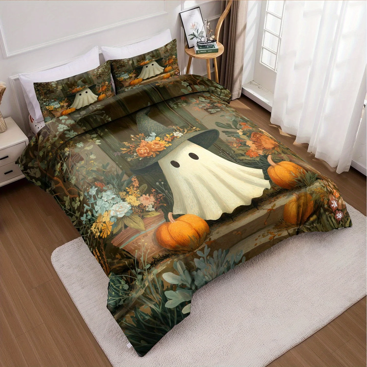 3pcs Halloween Pumpkin Monster Duvet Cover Set without Core, Quilt Cover with 2 PillowcasesSoft and Machine Washable
