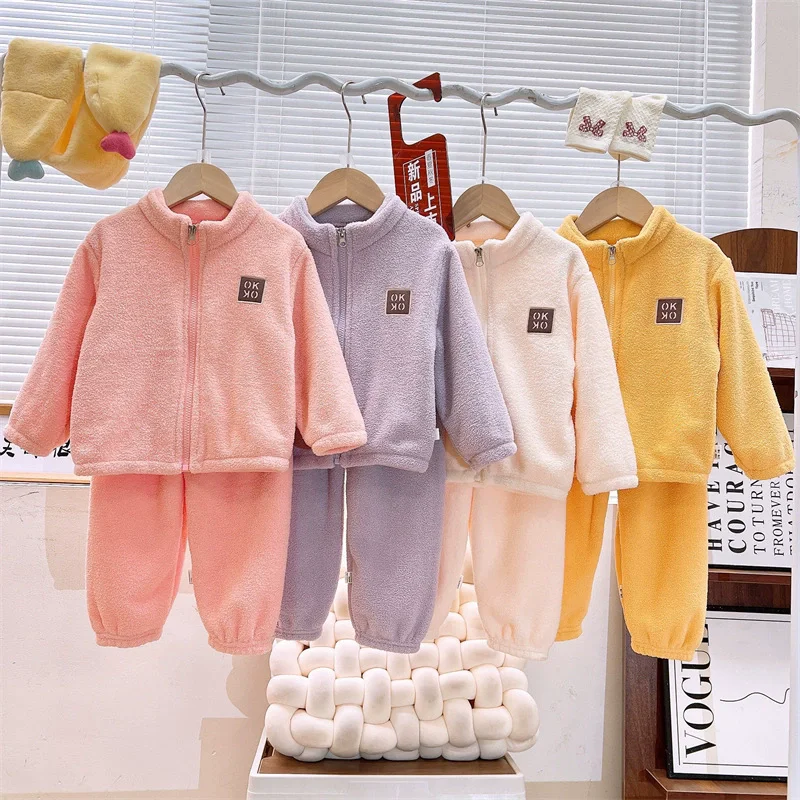 New Autumn Winter Sets Boys Girls Thickened Zipper Cardigan Suits Children Plush Jackets+Pants 2Pcs Outfits Kids Warm Clothing