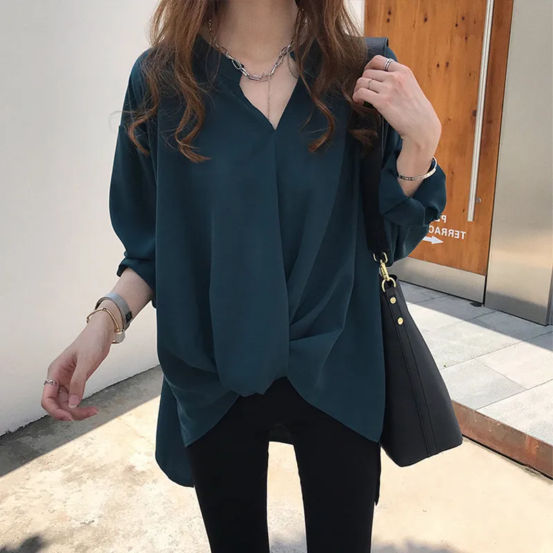 Korean Fashion Sping Autumn New Chiffon Shirt Women Solid V-Neck Irregular Knotting Elegant Chic Loose Long Sleeve Blouses Tops