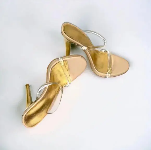 Sexy Gold Transparent PVC One Line Strap Round Open Toe High Heel Mules Women Fashion Thin Heels Modern Slippers Slide Sandals