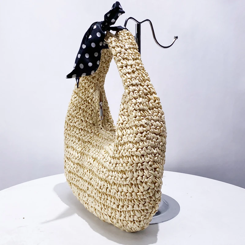 Straw Bags For Women Luxury Designer Handbags Purses 2024 New In Casual  Summer Beach Handmade Weave Scarves Decorate Half Moon